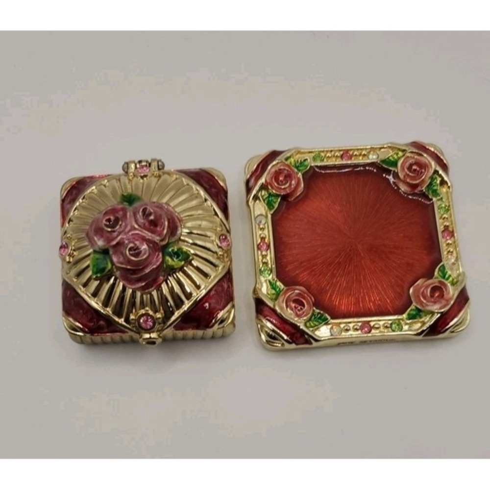 Jane Seymour Gift Present Trinket Pill Jewlery‎ Box & Mirror. Enamel Rose Flower